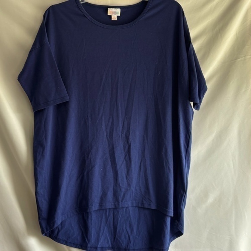 LuLaRoe Irma Shirt Hi Low Blue Sz XS Short Sleeve Pull On Women